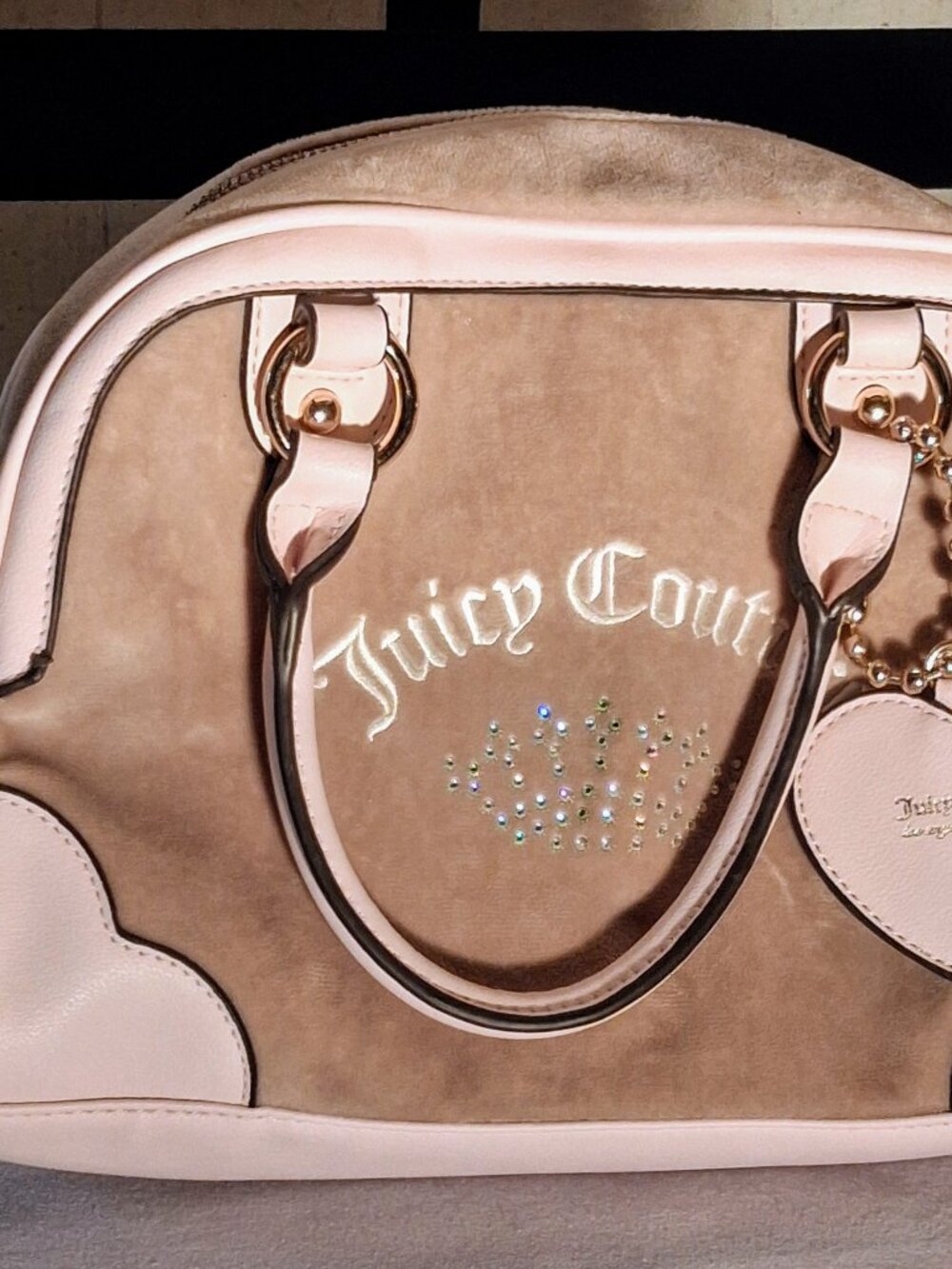 Juicy Couture Urban Heritage Bowler Bag in Sandstone Velour w/ Pink Trim 11X8X4